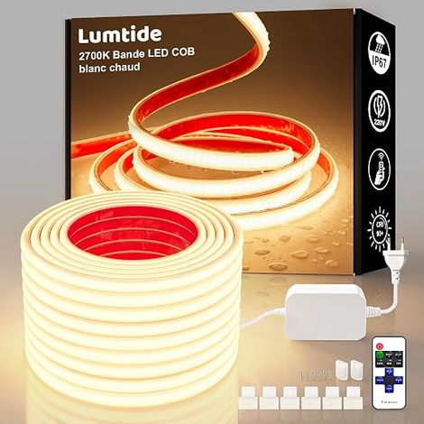 Waterproof IP67 COB LED Strip with Remote Control, AC 220V Dimmable Direct Plug, Sticker for Swimming Pool, Garden, Living Room, Patio (2700K Warm, 15M) (1/5)