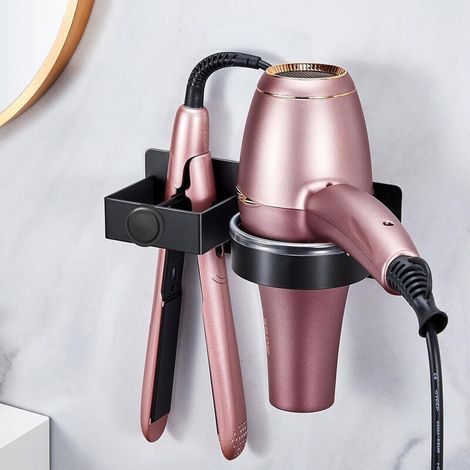 Support Seche Cheveux, Porte Seche Cheveux et Lisseur pour Salle de Bains/Chambre à Coucher/Hôtel, Porte Seche Cheveux sans Perçage a Adhésif/Vis, Support Seche Cheveux Mural, Porte Seche Cheveux-Noir (1/5)