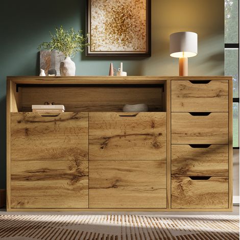 Credenza in MDF effetto rovere 150x40x90 cm con 2 ante, 4 cassetti e ripiani regolabili (1/5)