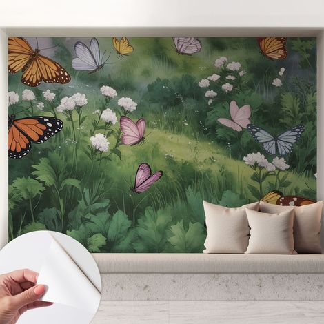 Papier peint autocollant avec imprimé décoratif pour salon et chambre à coucher Installation facile Papillons dans la prairie 208x146 cm (1/5)