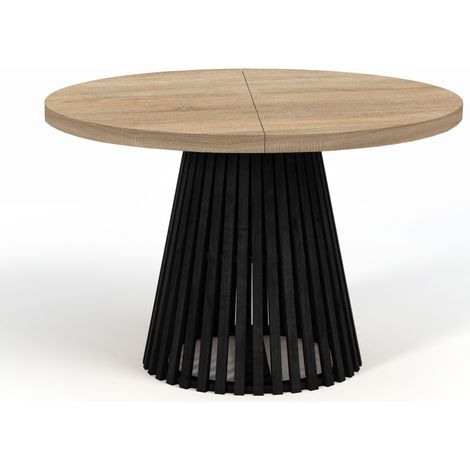 Table à manger ronde extensible DOVER avec lamelles- style industriel/loft avec pieds Ă lattes, diamètre : 110 / 160 cm, couleur :sonoma / noir (1/4)