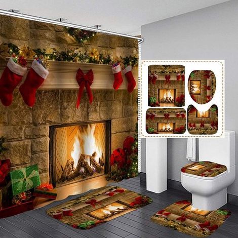 Set di 4 pezzi per doccia a tema natalizio con stufa e albero di Natale – Tenda da doccia impermeabile + 2 tappetini da bagno + articoli da toeletta – Decorazione festiva per il bagno per Natale (1/4)
