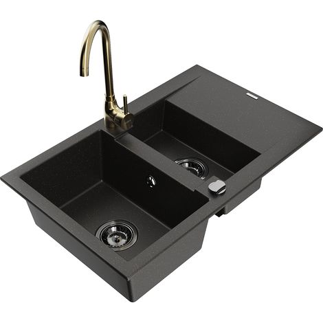Mexen Gaspar lavello in granito a 1,5 vasche con scolapiatti e rubinetto da cucina Telma, nero/oro - 6507-75-670200-50-B (1/5)