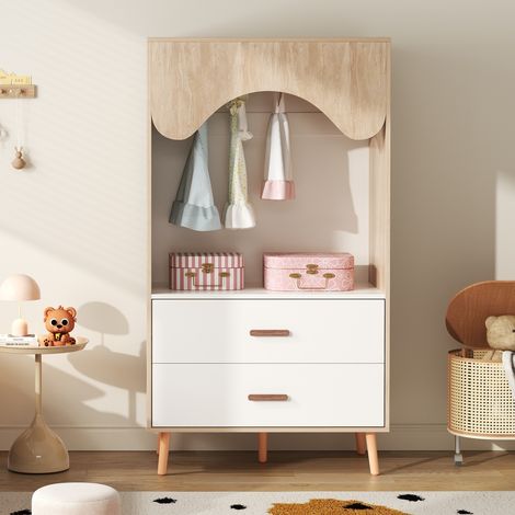 Blanc et bois naturel, rangement pratique pour la chambre, penderie ouverte enfant avec tringle et tiroirs (1/5)