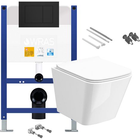 Gloss White Rimless Compact Square Wall Hung Toilet with Low Height 0.75m Concealed Cistern Frame Set - Matt Black Plate (1/4)