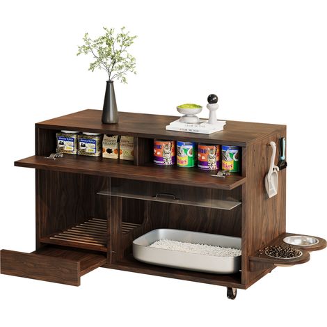 Katzenklo Schrank mit 2 Schubladen, Klapptür und Rollen, aus MDF, Walnussfarben, 100×45.5×67 cm (1/5)