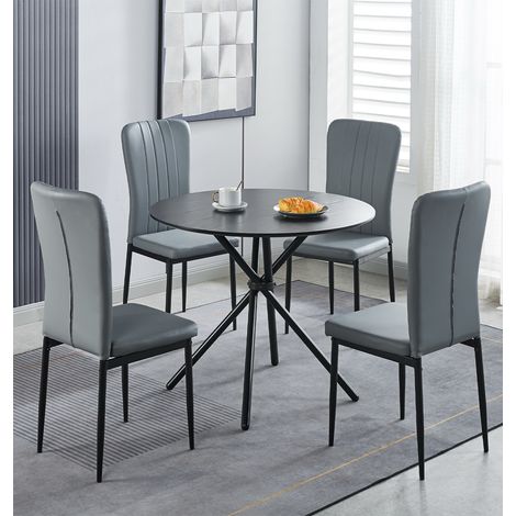 Hallowood Furniture Cullompton Small Round Dining Table and Dining Chairs Set 4, Wooden Effect Black Round Table and Chairs in Light Grey Faux Leather, Ideal for Modern Home or Café (1/5)