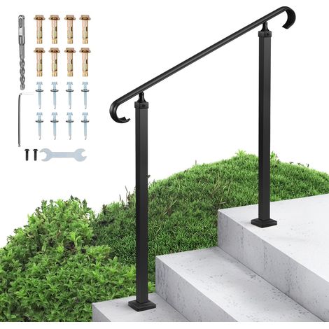 Rampe d'Escalier pour 2-3 Marches Extérieures, Main Courante Escalier, en Acier au Carbone, avec Kit d'Installation, Rampe Extérieure pour Marches en Béton ou Bois, Porche, Terrasse, Noir Mat (1/5)