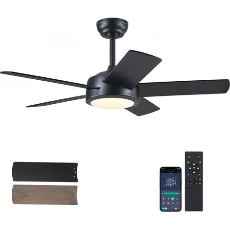 Ventilateur de Plafond Noir 107cm avec Lumière LED, Moteur DC Silencieux et Profil Bas, 5 Pales Réversibles, Contrôle par App et Télécommande, Design Moderne, Noir (1/5)