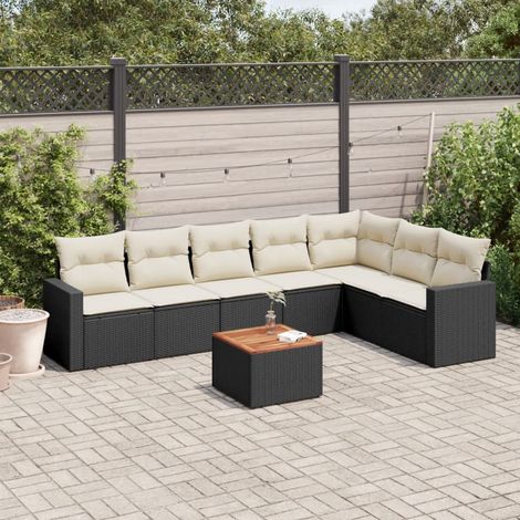 Ensemble Salon Jardin 8 Places Noir Résine Tressée avec Coussins Crème - Table Acacia - Meuble Extérieur Modulaire (1/3)
