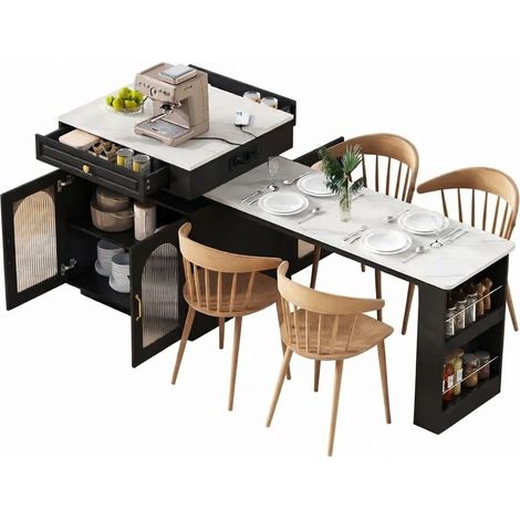 ELVMI Isola da Cucina Estensibile con 2 Armadietti, Cassetto, Ripiani, LED e Prese, per Cucina, Nero, 128200 x 71 x 92 cm (1/5)