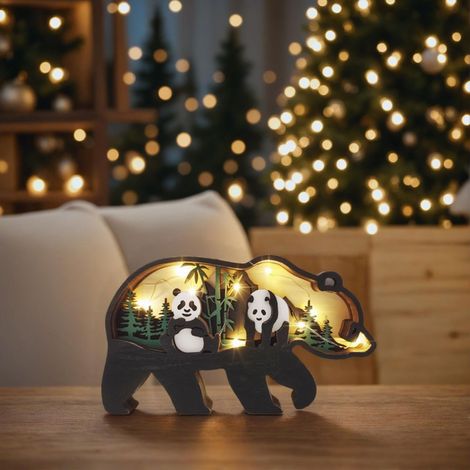 1 pièce Sculpture animale en bois 3D, Panda avec veilleuse LED, Statuette lumineuse forêt loup renard ours aigle, décoration intérieure