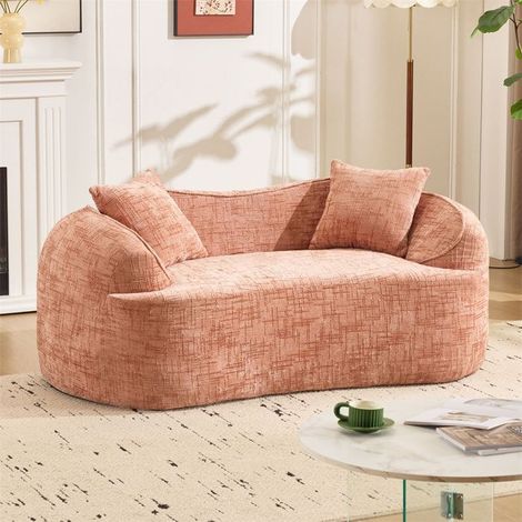 Canapé 2 places incurvé rose avec accoudoirs et 2 coussins – livré monté, 170x87x65 cm
