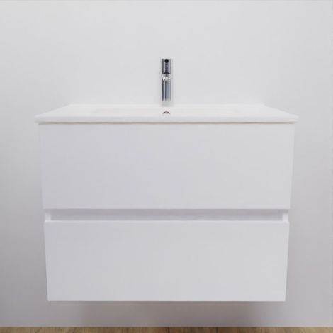 Cuisibane – Meuble double vasque suspendu 70 cm – Plan vasque en céramique – 2 tiroirs à extension complète – Fixation murale incluse