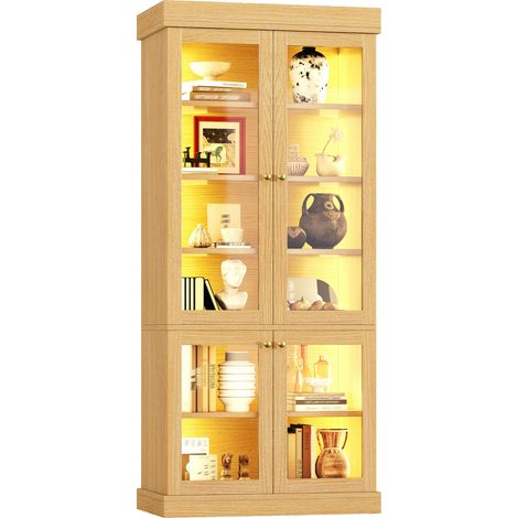 CHICFURN Vitrine de rangement LED haute 80 x 40 x 180 cm en MDF et verre, meuble colonne de salon bois clair avec étagères, éclairage d'ambiance et anti-basculement (1/5)