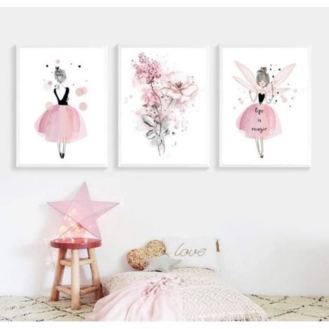 Lot De 3 Affiches Fille Chambre D'enfant Rose Tableaux Décorations Murales Peinture Sur Toile Cadeaux Anniversaire,70x50cm (1/4)