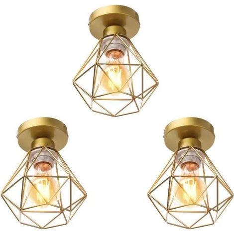Plafonnier Cage en forme Diamant en Métal Doré - U-DO - 3 ampoules E27 - 60W (1/4)