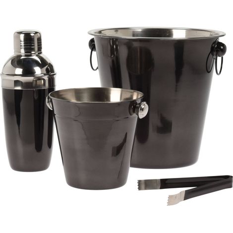 Barzubehör Cocktail-Set: Sektkühler, Eiskübel, Zange, Shaker, schwarz matt, Edelstahl