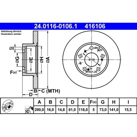 Lot de 2 Disques de frein ATE 24.0116-0106.1 CITROËN 4246 A0 4246 H3 75 386 82