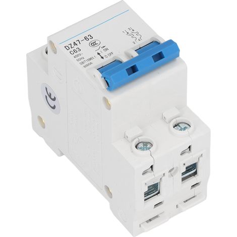 Disjoncteur bipolaire PA66, protecteur de court-circuit, montage sur rail DIN, 400 V, pouvoir de coupure 63 A, 4500 A/6000 A universel