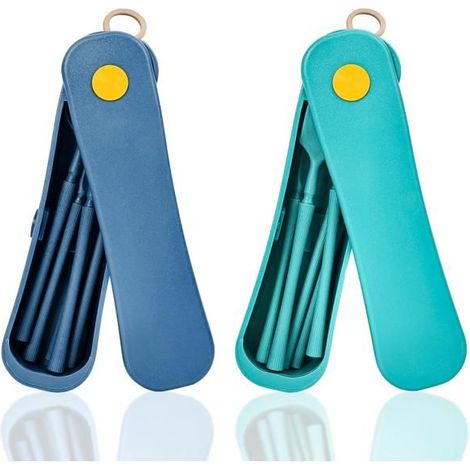 Ensemble de 2 couverts de voyage avec étui, portables, comprenant une cuillère, un couteau et une fourchette, en plastique réutilisable, idéal pour les pique-niques. (1/5)