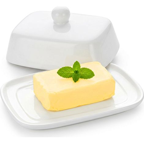 Beurrier Céramique avec Couvercle et Poignée, Beurrier Porcelaine pour 250 gr de Beurre Boîte à Beurre pour Frigo, Lavable au Lave-Vaisselle, Micro-ondes, Blanc (1/5)