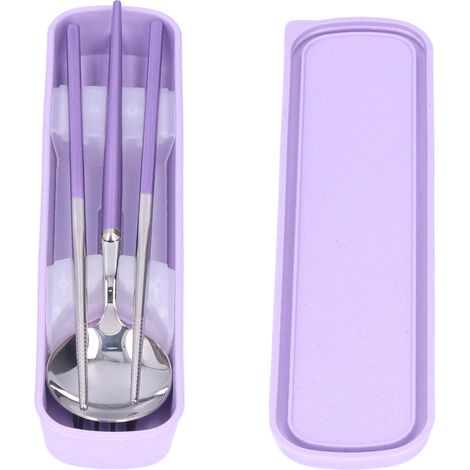 Ensemble de couverts en acier inoxydable portable avec fourchette, cuillère et baguettes pour bureau, camping, école, pique-nique - Violet