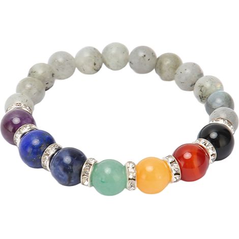 Bracelet Chakra en cordon élastique, perles grises pour méditation, guérison et relaxation, idéal pour stress et fêtes, connexion serrée. (1/5)