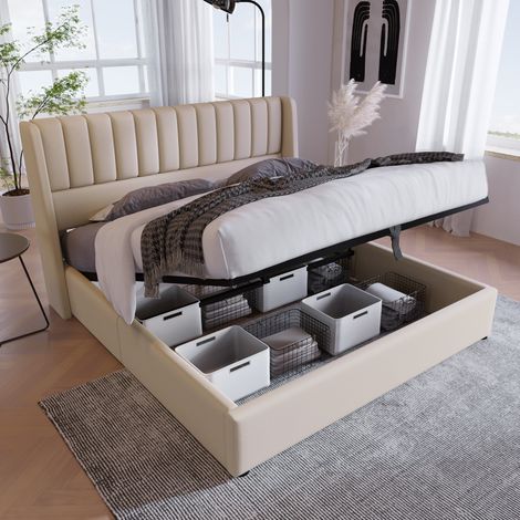 Letto con contenitore imbottito in lino beige 180x200 cm, rete a doghe inclusa e apertura idraulica (1/5)