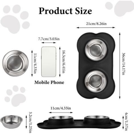 Tapis de gamelle en acier inoxydable pour chat, ensemble de 2 gamelles antidérapantes en acier inoxydable pour chiens et chats, double gamelles d'eau avec tapis de gamelle en silicone anti-éclaboussur