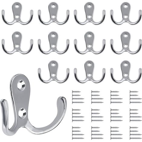 Lot de 12 crochets muraux doubles - En métal argenté - Style vintage - Avec 48 vis - Pour porte-manteau, salle de bain, cuisine - Argenté (1/5)