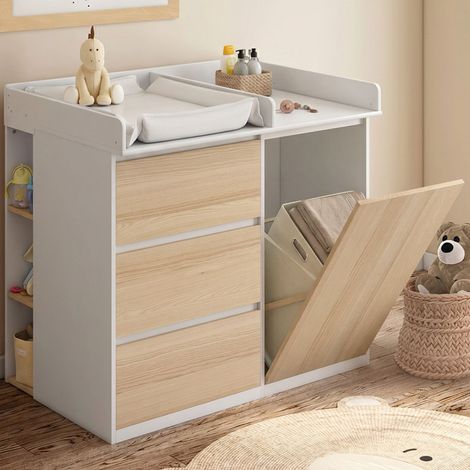 Cómoda cambiador evolutiva AMBRE, en imitación de haya y blanco, con 3 cajones, 1 cesto para la ropa sucia, cambiador y 2 estant (1/5)