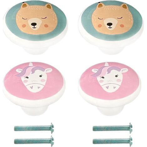 4Pcs Kids Ceramic Cabinet Knobs Bear and Unicorn Drawer Pull with Screws, Cute Round Door Knobs Animal Pattern Drawer Knobs for Drawer, Cabinets, Kids Room, Kitchen, Living Room (1/5)