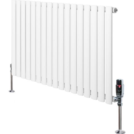 Radiateur à Colonnes Ovales & Vannes 1 Panneau 600 x 1020 mm en Acier Carbone Blanc Chauffage Centrale Moderne Horizontale Monté Sur Mur Cuisine [Brosse de Nettoyage & Supports INCLUSES]