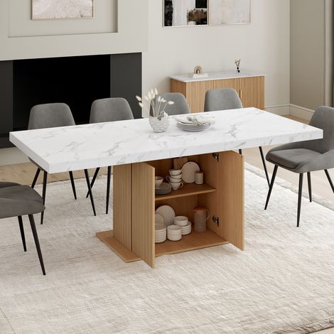 JULIETTE mesa de comedor rectangular extensible 6-10 personas tablero efecto mármol listones de madera con almacenaje 160-200 cm