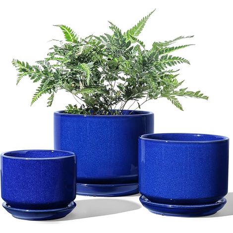 Pot de Fleurs en Céramique, 11+13+17 cm, Lot de 3, Pot avec Trou de Drainage et Soucoupe, Pot d’Intérieur avec Tapis en Maille, Cadeau pour Maman/Mère, Bleu Saphir (1/5)