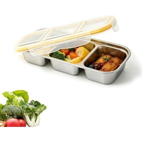 Boîte à goûter avec compartiments, boîte à goûter en acier inoxydable avec couvercle, assiette à 3 compartiments, boîte à goûter étanche avec compartiments pour l'école, le travail, le (1/5)