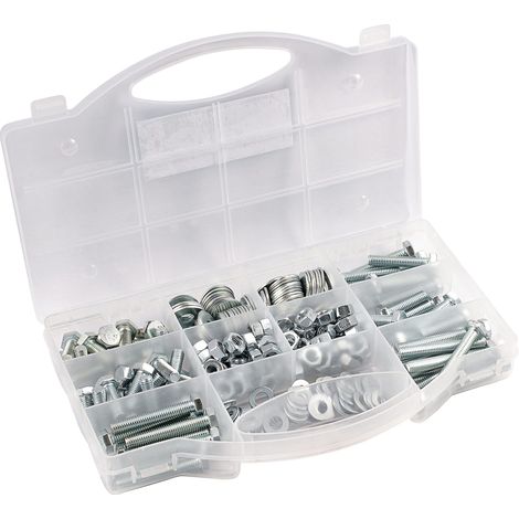 Lot de 280 vis filetées – Plusieurs tailles – Hexagonal extérieur – Filetage complet – DIN 933/934 / 125/9021 – Galvanisé – Avec écrous/jeu de vis/boîte de rangement (1/2)