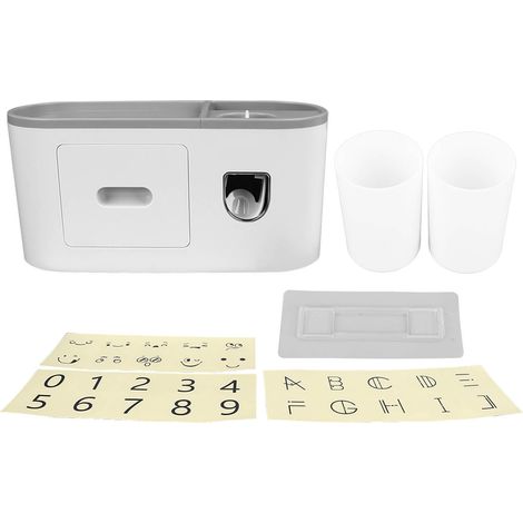 Soporte de pared para cepillos de dientes con dispensador automático de pasta de dientes y 2 vasos, multifuncional, fabricado en ABS que ahorra espacio. (1/5)