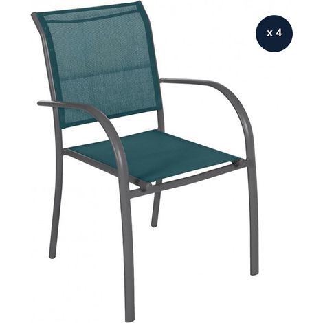Hesperide – Lot de 4 fauteuils de jardin empilables en texaline – Structure aluminium époxy – Confort d'assise 45 cm – Couleur bleu canard