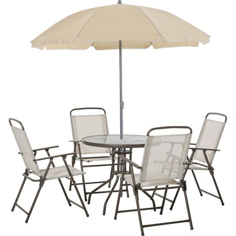 easycomfort 6 pz set mobili da giardino in tubi d'acciaio, tavolo da giardino con sedie e ombrellone, crema (1/5)