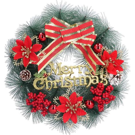 Couronne de Noël Artificielle en Pin avec Nœud Rouge pour Décoration de Porte (1/5)