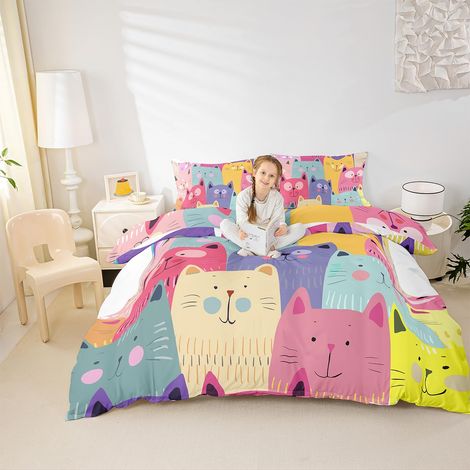 Housse de Couette pour Filles et Dames, Adorable Petit Chat et Poisson pour Enfants, Garons, Amoureux des Chatons, Rose - Ensemble de Literie King Size - Microfibre - 3 Pièces - 220x240cm (1/4)
