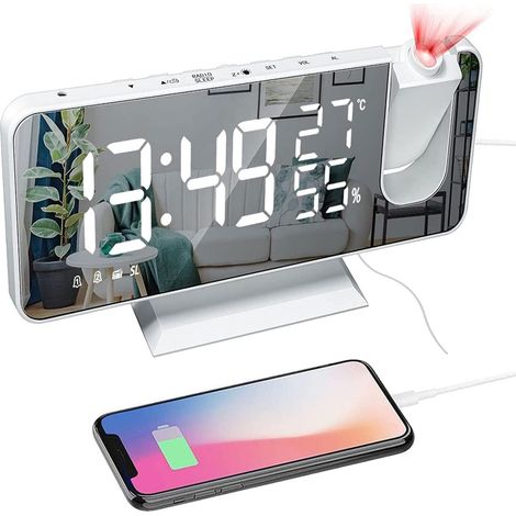 Réveil à affichage miroir LED - boîtier blanc, texte blanc