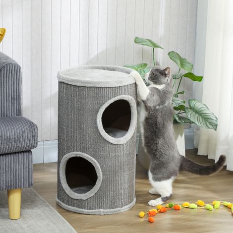 Barril rascador, 60 cm de alto, Ø 35 cm, barril para gatos de dos pisos con 2 cuevas, borde acolchado, para 1-2 gatos de hasta 5 kg, gris claro.