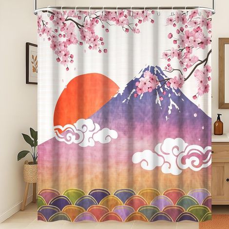 Rideau de Douche Peinture Japonaise Traditionnelle Rideau de Salle de Bain Fleurs de Cerisier japonaises Aquarelle Printemps Montagne Rideau de Douche Nuage Soleil Bourgogne 120x180cm (1/5)