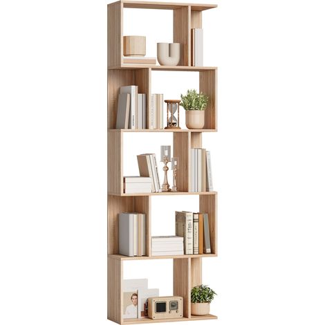 Libreria a 5 ripiani, mobile contenitore a forma di S con mensole, 60 x 24 x 184,5 cm, effetto legno naturale (1/5)