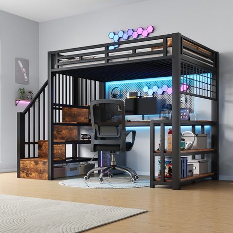 Cama Alta 90 x 200 cm con Estructura de Acero, Estante, Red Colgante, Escritorio, Escaleras con Almacenaje, Puertos USB y Tipo-C, Luz LED, Sin Colchón (1/5)