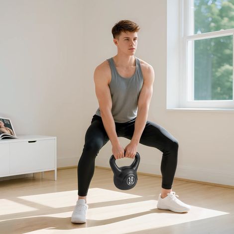 10 kg Kettlebell, Kurzhantel mit ergonomischem Griff, Kugelhantel, Krafttraining, Workout, 25 x 19 x 28 cm, schwarz
