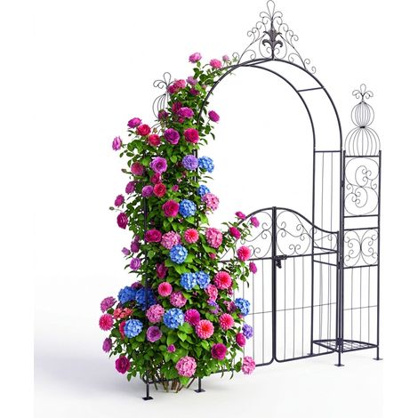 Relaxdays Rose Arch with Gate, 2 Shelves, Metal, H x W x D: 263 x 190 x 39 cm, Climbing Trellis, Black